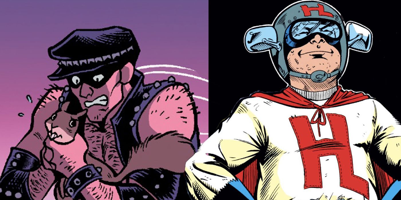 A split image of some of Marvel's worst heroes, Leather Boy and Hindsight Lad