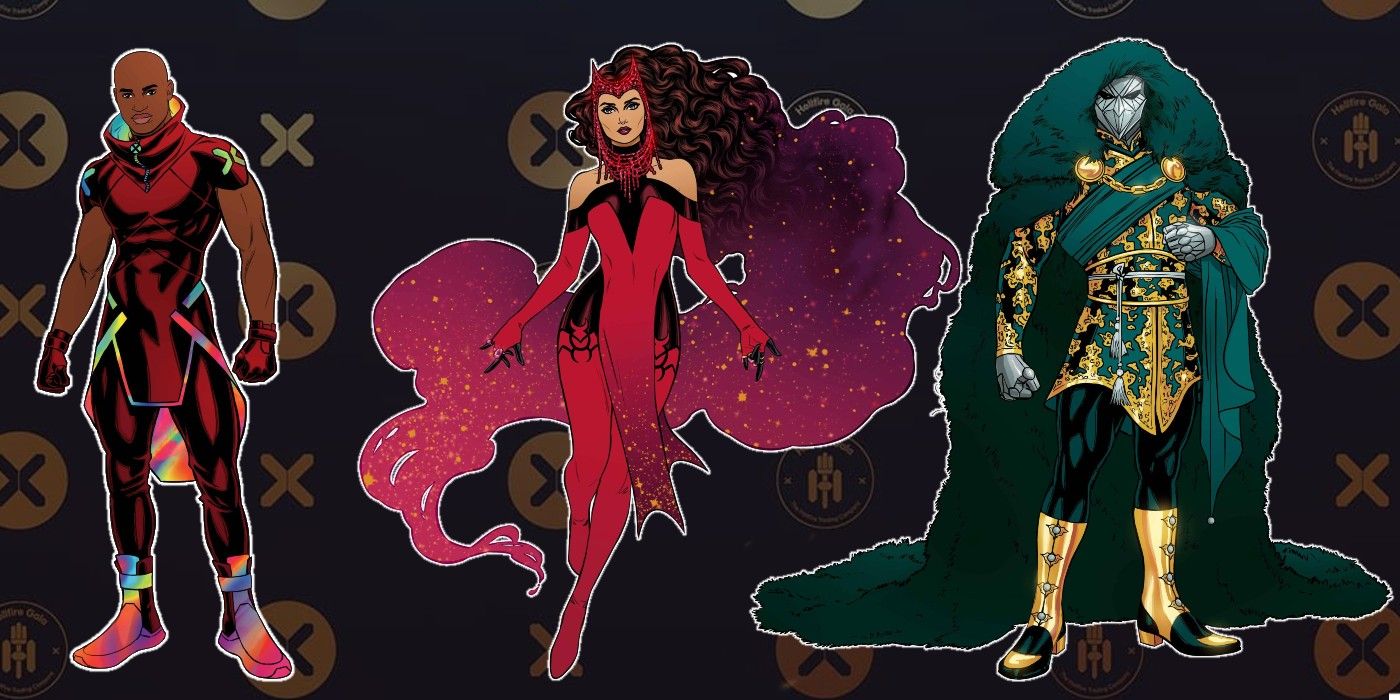 X-Men Hellfire Gala Outfits featuring Synch, Scarlet Witch, and Doctor Doom