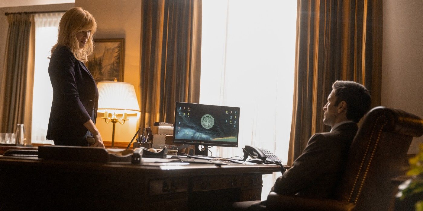 Beth talks to Jamie in his office in Yellowstone.