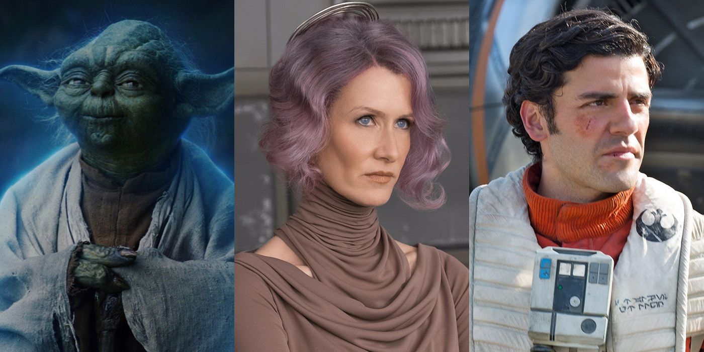 split image of Yoda, Admiral Holdo and Poe Dameron from Star Wars