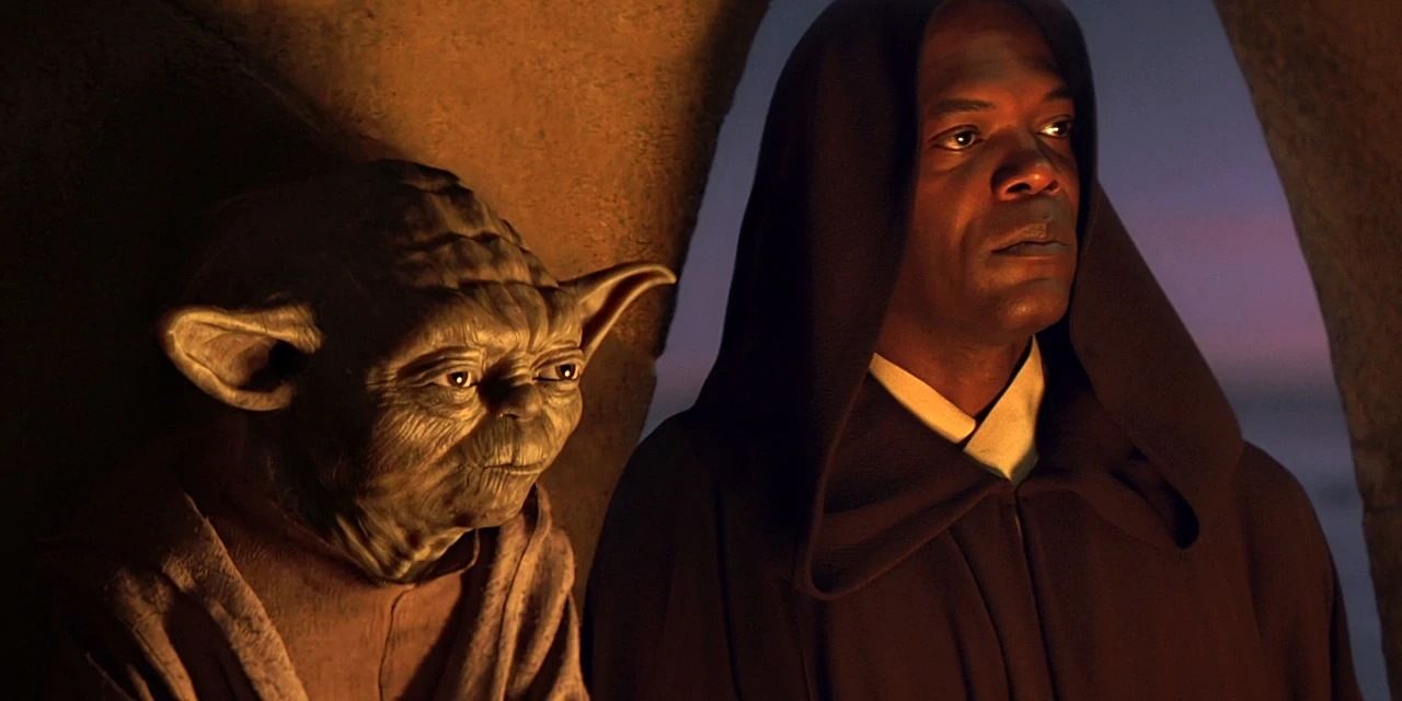 Yoda and Mace Windu as they stand watching Qui Gon's funeral