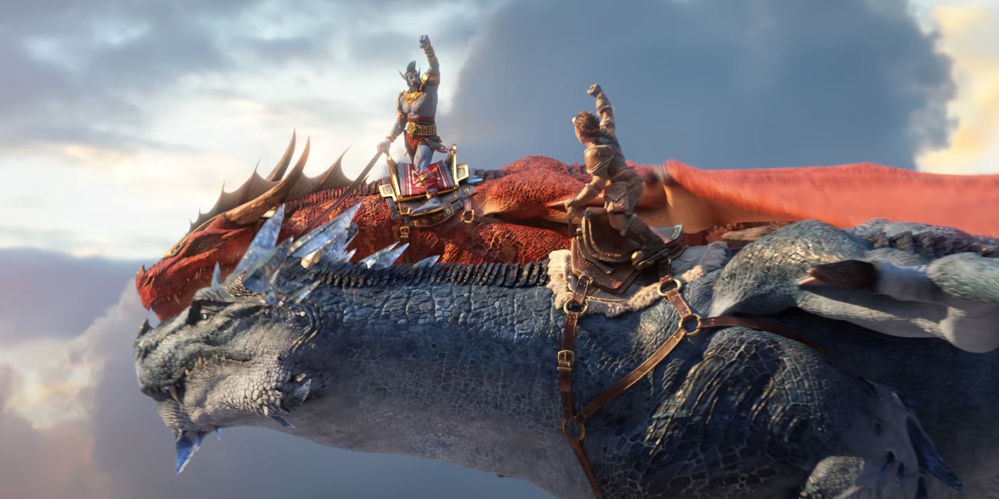 World of Warcraft Zandalari Troll riding Red Dragon with Dwarf riding Blue Dragon in Dragonflight Launch Cinematic Take to the Skies