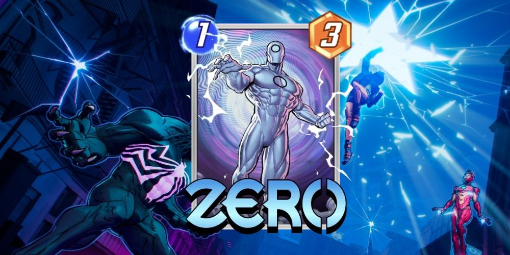 Zero card from Marvel Snap over promotional art.