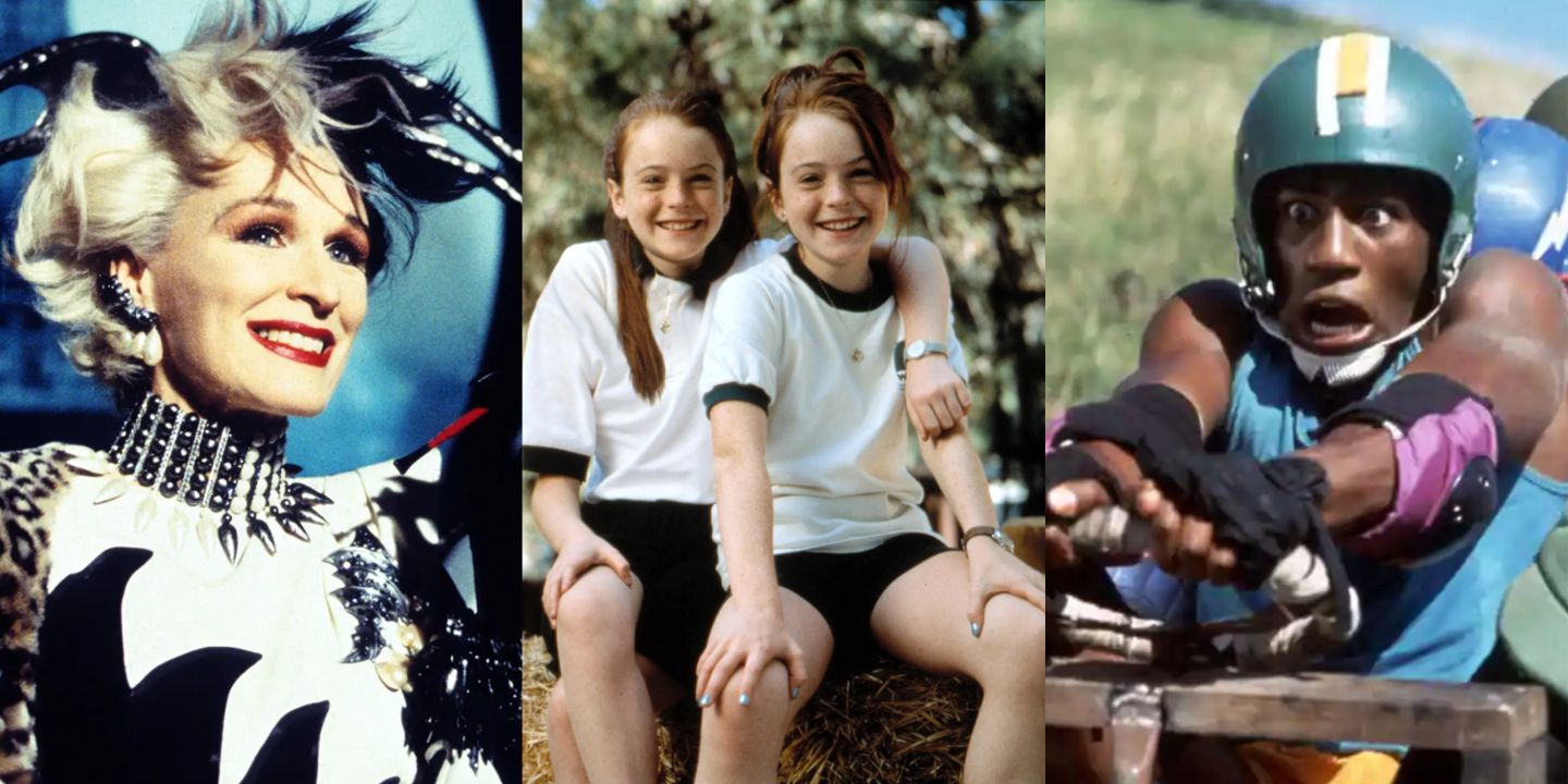 A split image of Cruella de Vil from 101 Dalmatians, Annie and Hallie in The Parent Trap, and a character from Cool Runnings