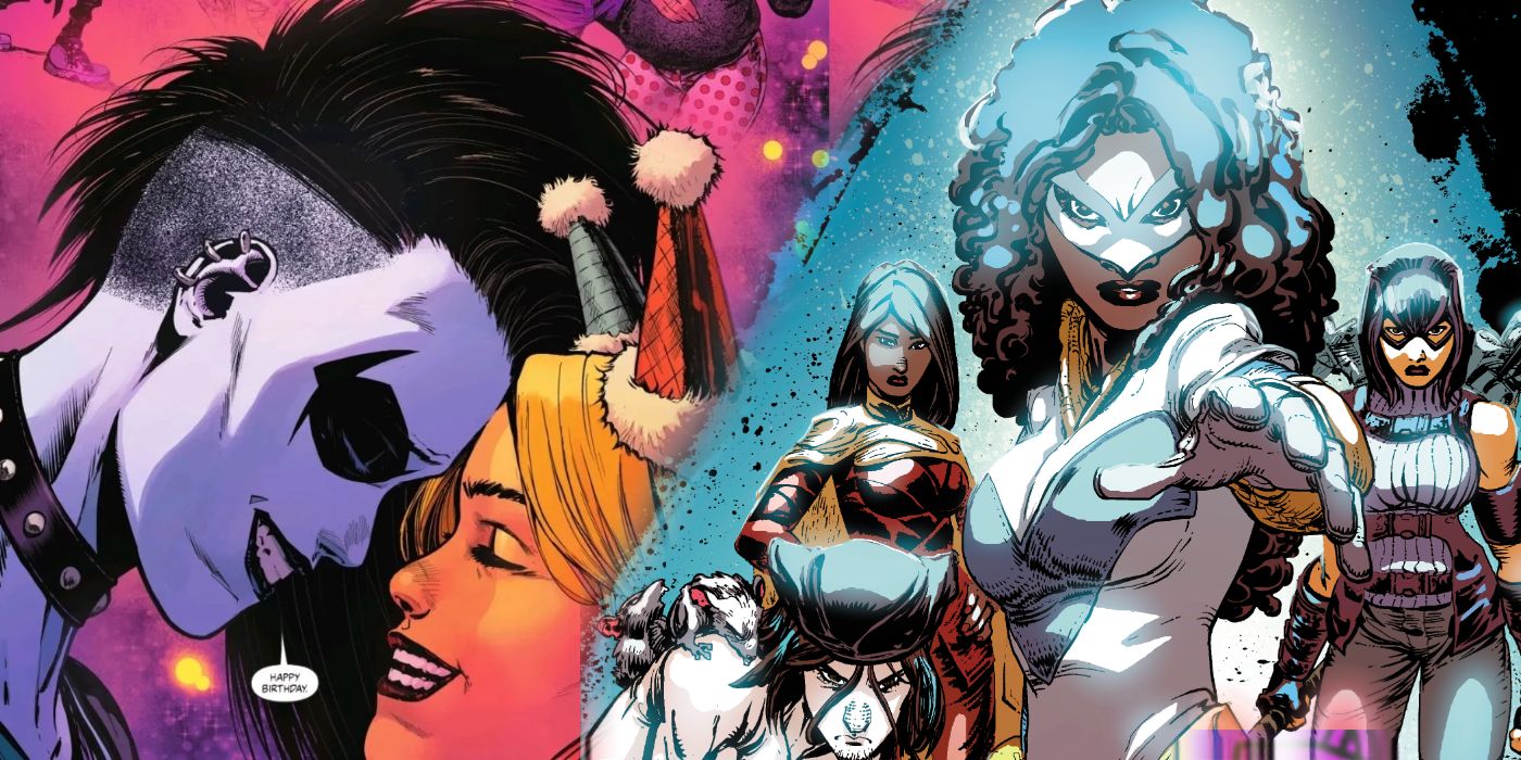 a split image of crush from DC comics with her girl friend and the heroes from The Movement by Gail Simone