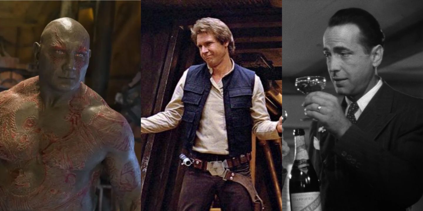 A split image of Drax in the MCU, Hans Solo in Star Wars, and Rick in Casablanca