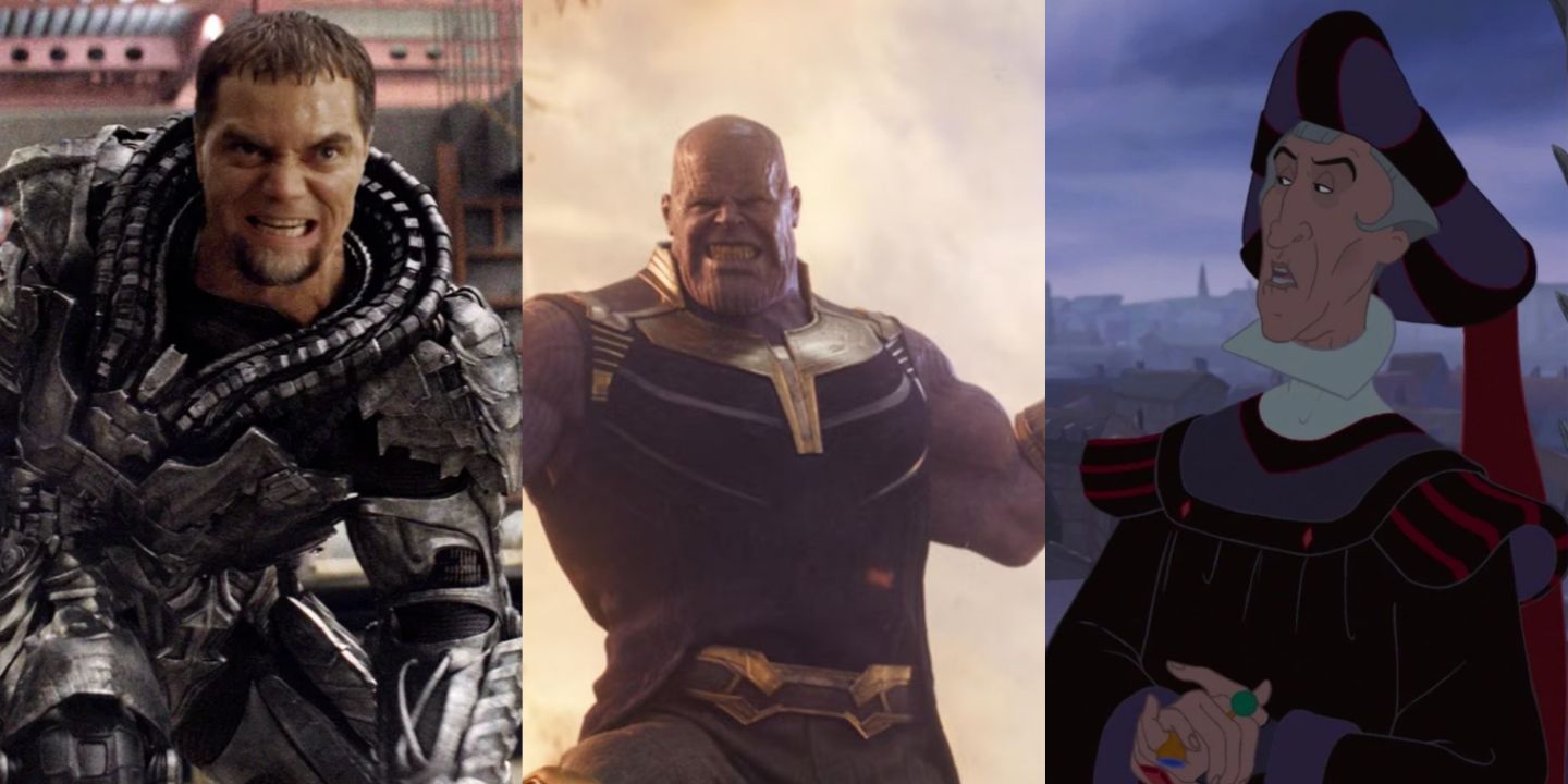 A split image of General Zod in Man of Steel, Thanos in Avengers: Infinity War, and Frollo in The Hunchback of Notre Dame