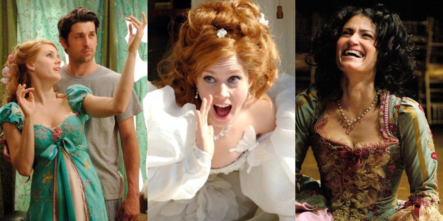 A split image of Giselle, Robert, and Nancy in Enchanted