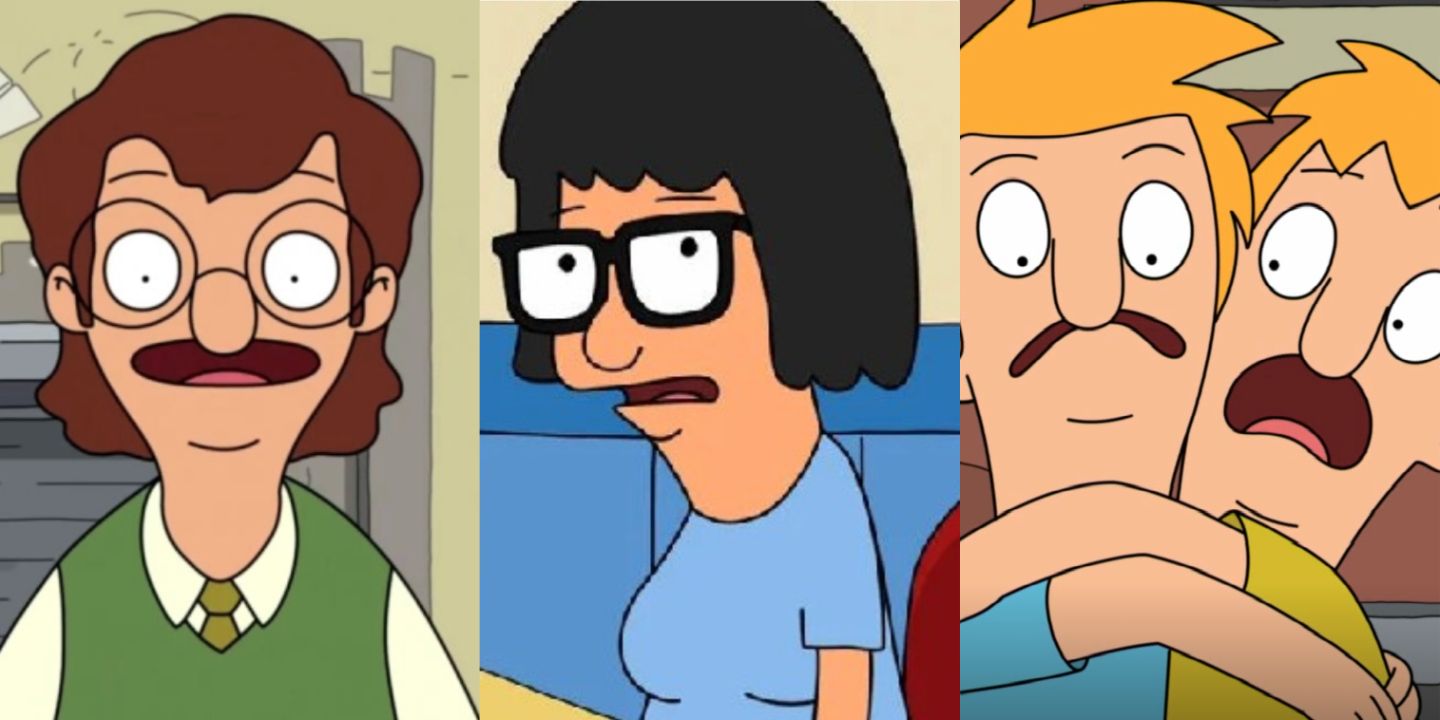 A split image of Mr. Frond, Tina Belcher, and Olly and Andy Pesto in Bob's Burgers