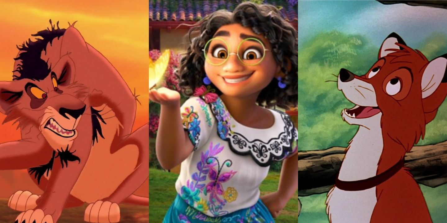 A split image of Nuka from Simba's Pride, Mirabel Madrigal from Encanto, and Tod from The Fox and the Hound