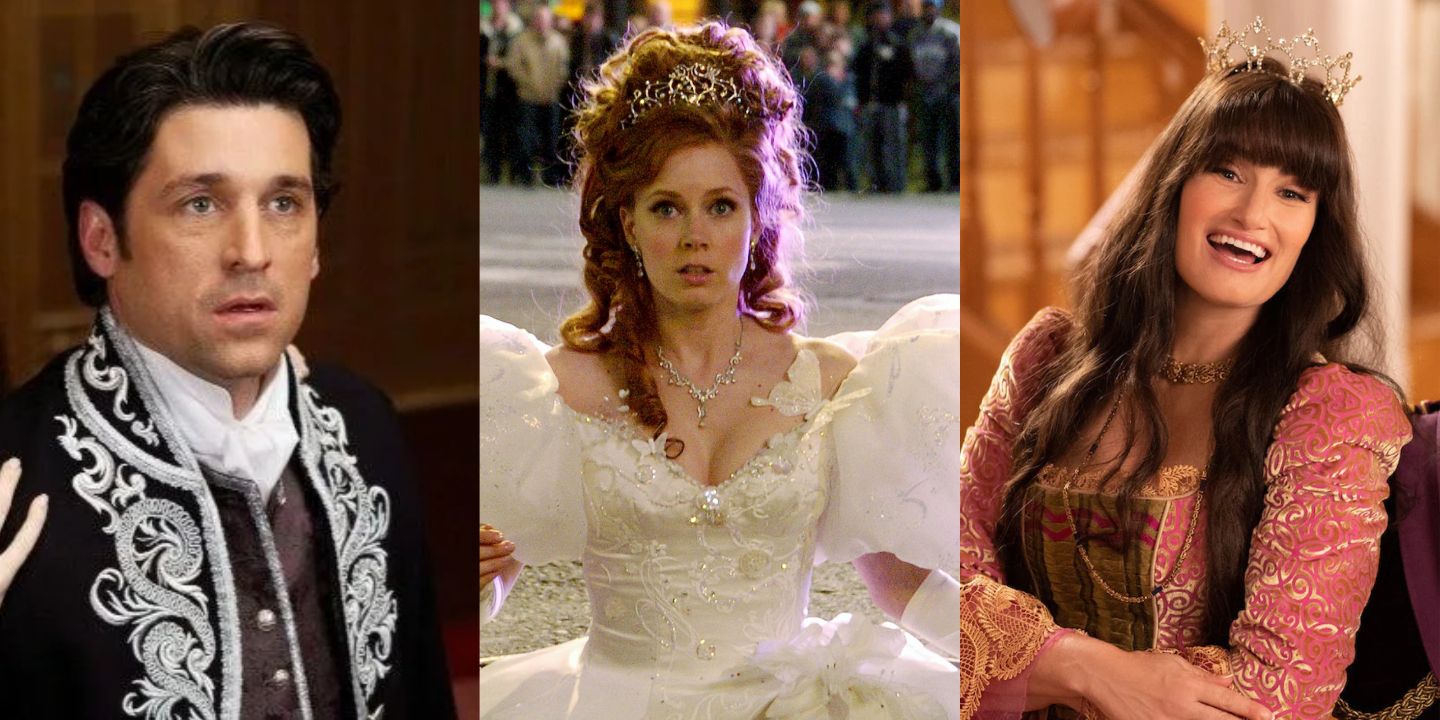 A split image of Robert, Giselle, and Nancy in Enchanted