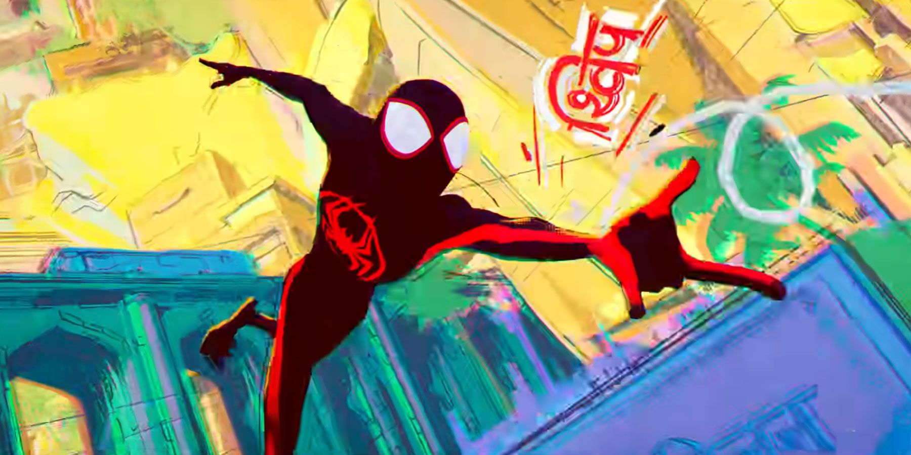 Miles Morales shooting web in front of a colorful yellow background