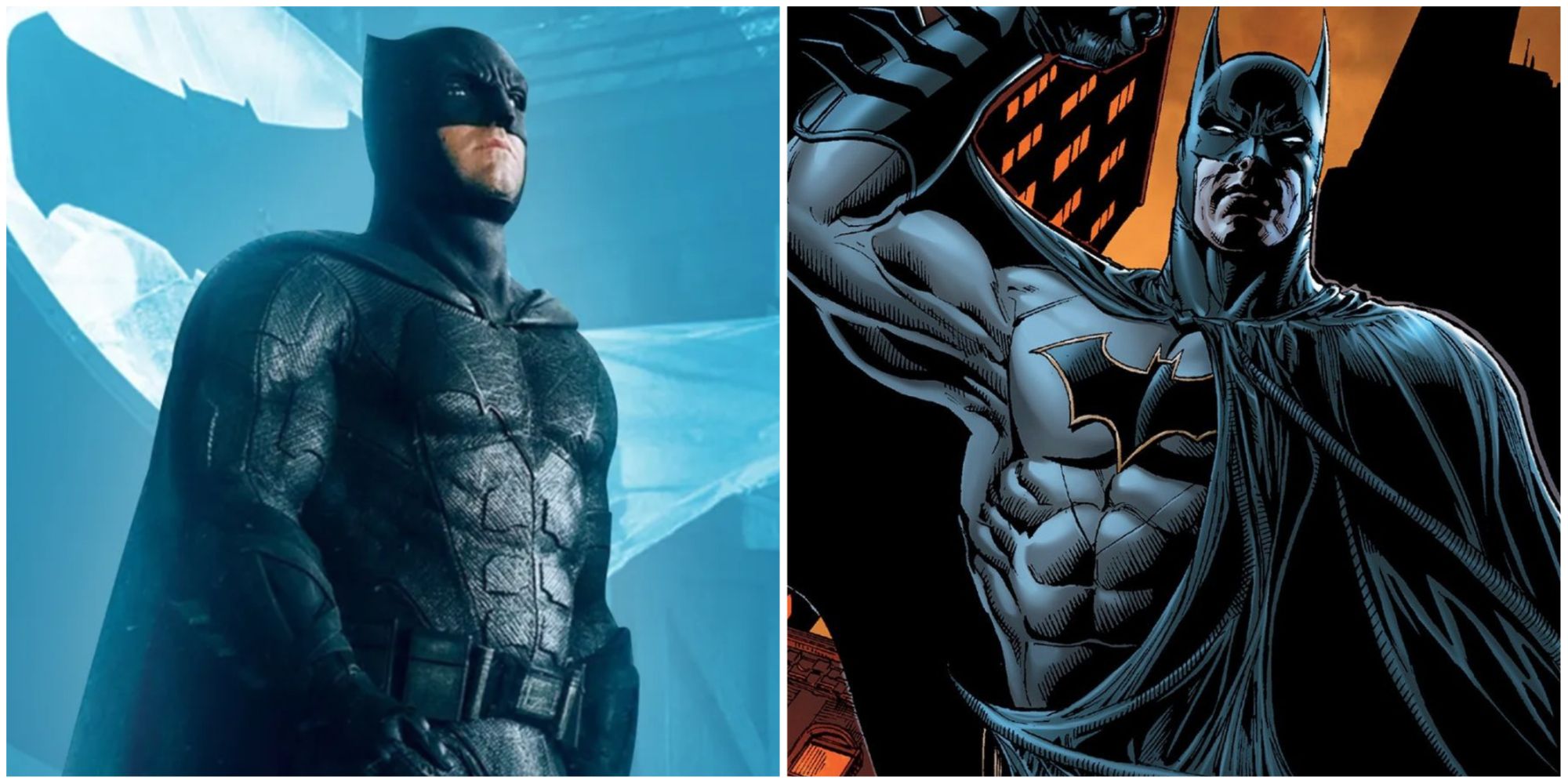 A split image of Ben Affleck's Batman and Batman in DC Comics