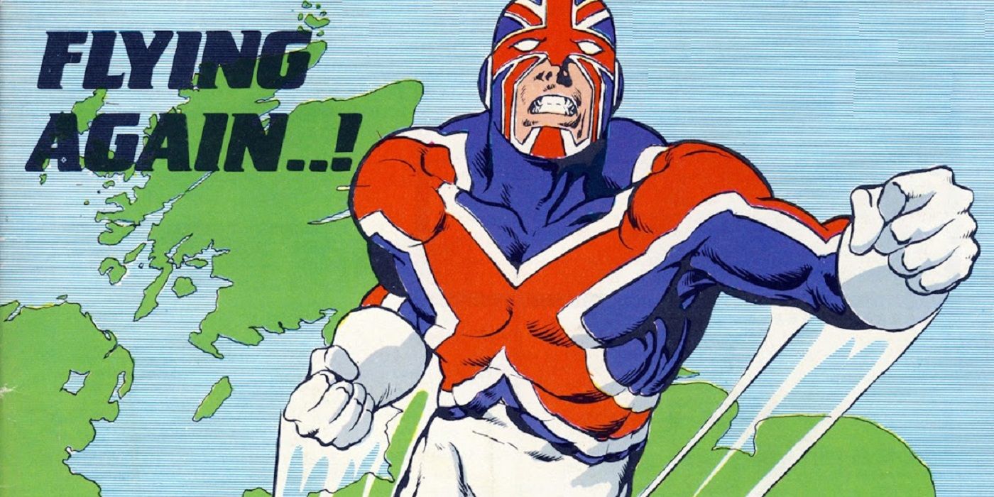 Captain Britain flies above a map of Britain in Marvel Comics