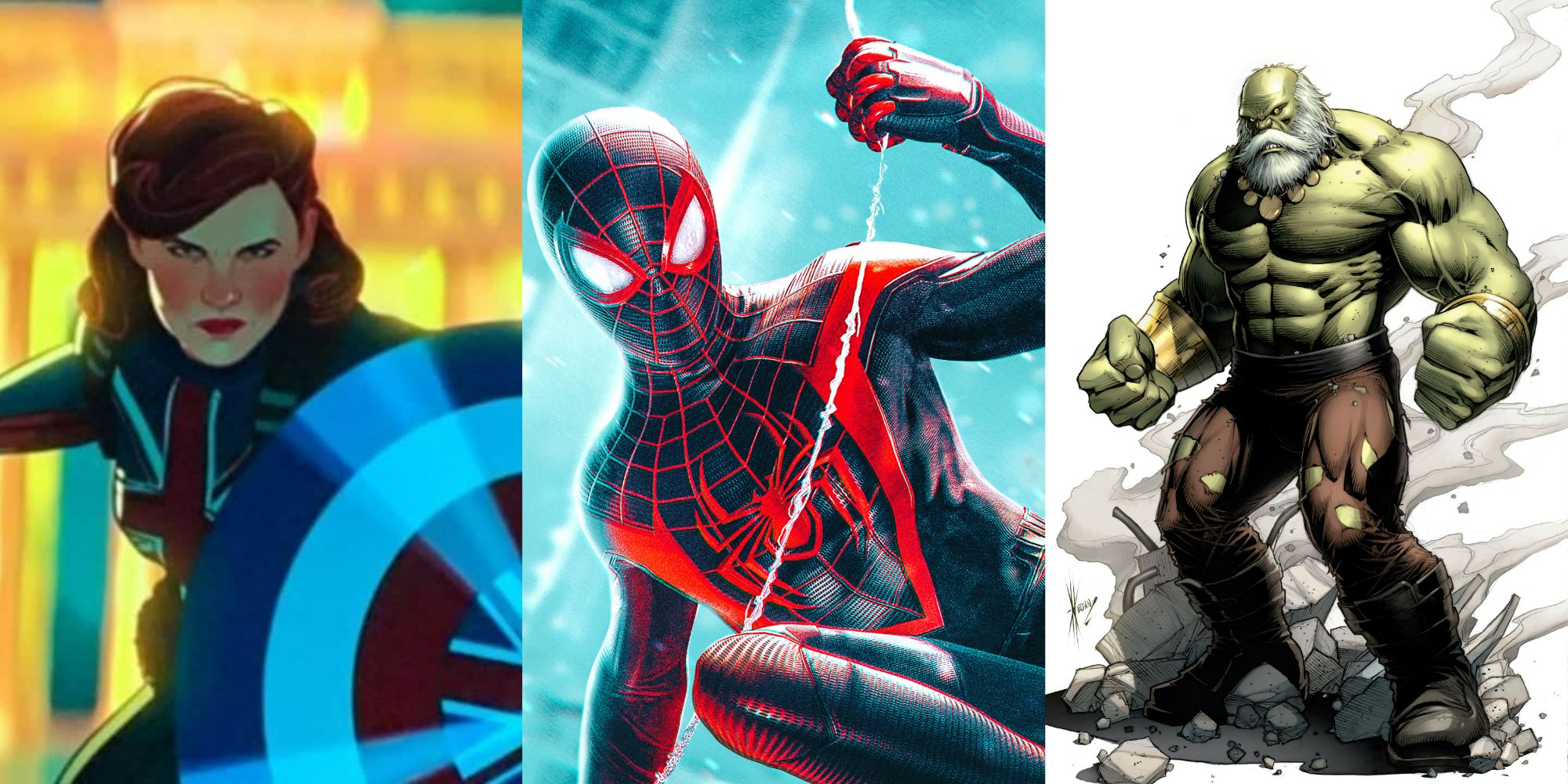 split image of What If Captain Carter, Miles Morales PS5, and Hulk Maestro