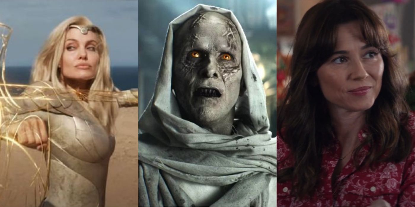 Angelina Jolie as Thena, Christian Bale as Gorr, and Linda Cardellini as Laura Barton