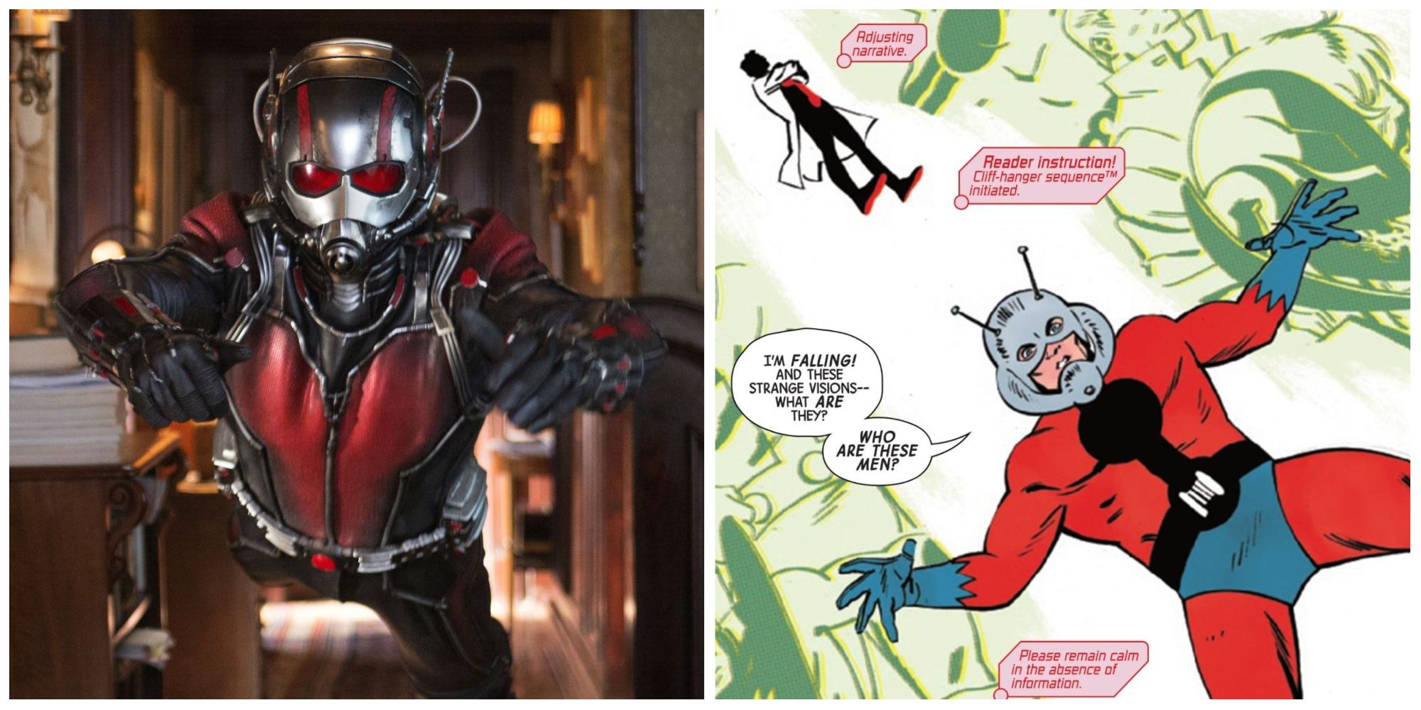 A split image of Ant-Man in the MCU and Ant-Man falling into the Microverse in Marvel Comics