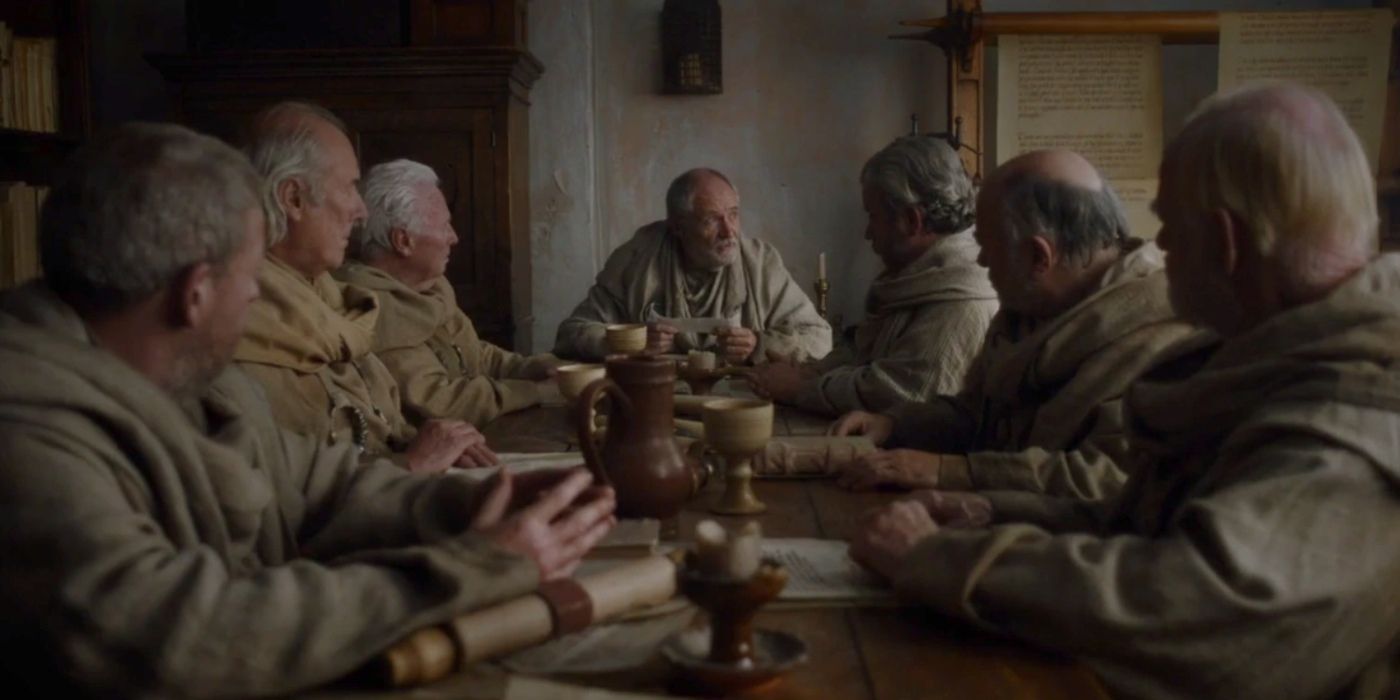 Archmaester Ebrose and other Archmaesters discussing the North in Game of Thrones