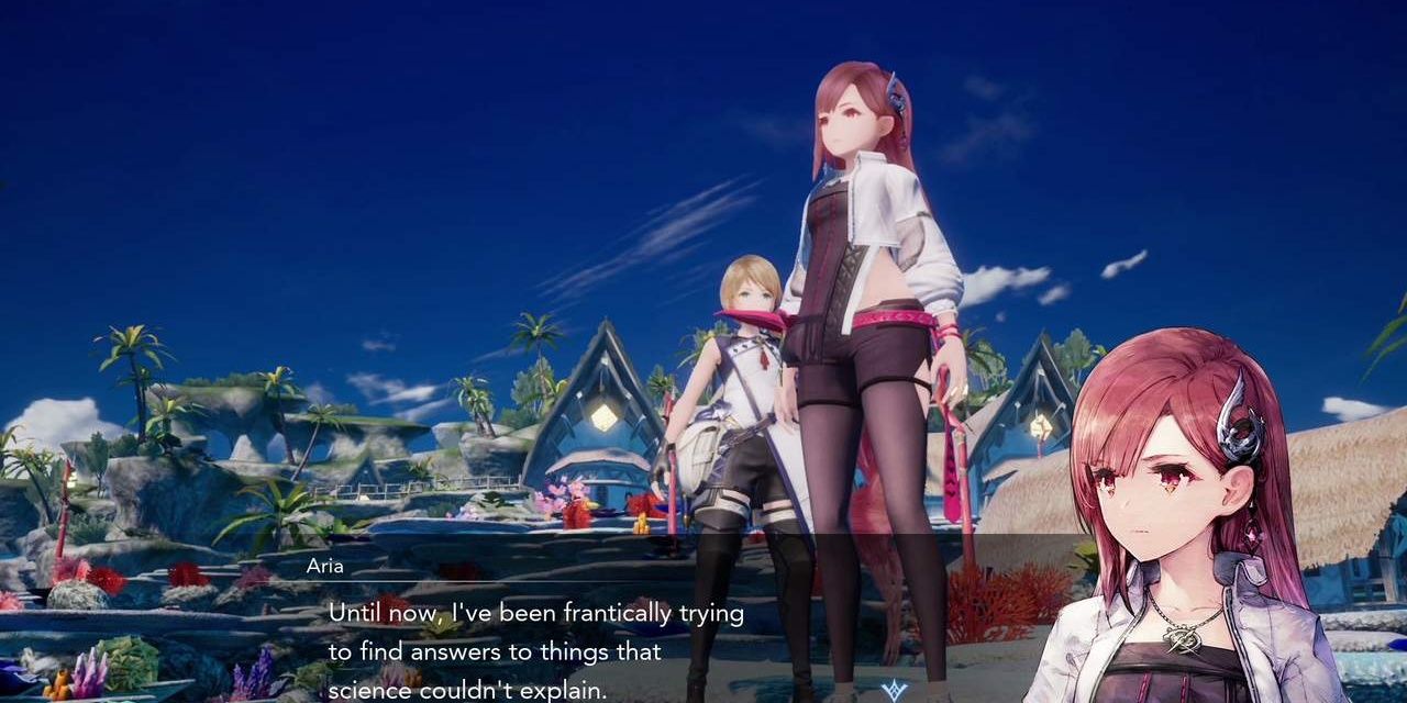 Aria from Harvestella standing in front of a male protagonist character.