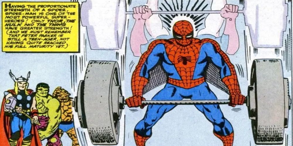 Spider-Man demonstrates his strength through weightlifting in Marvel Comics