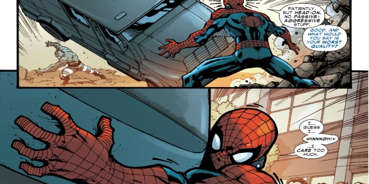 Spider-Man catches an out of control truck in Marvel Comics