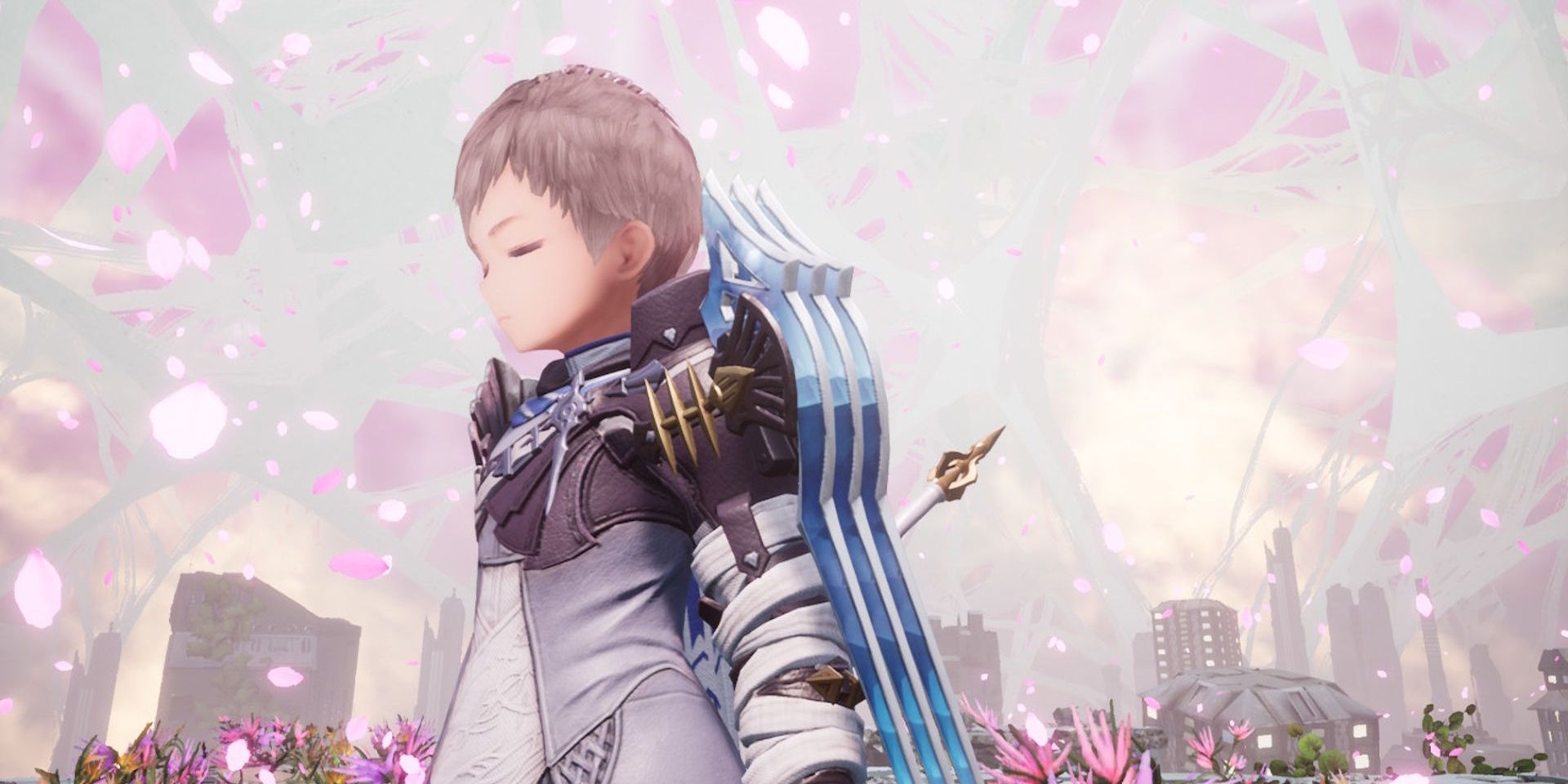 Asyl from Harvestella standing with his eyes closed amidst a field of flowers outside the city.