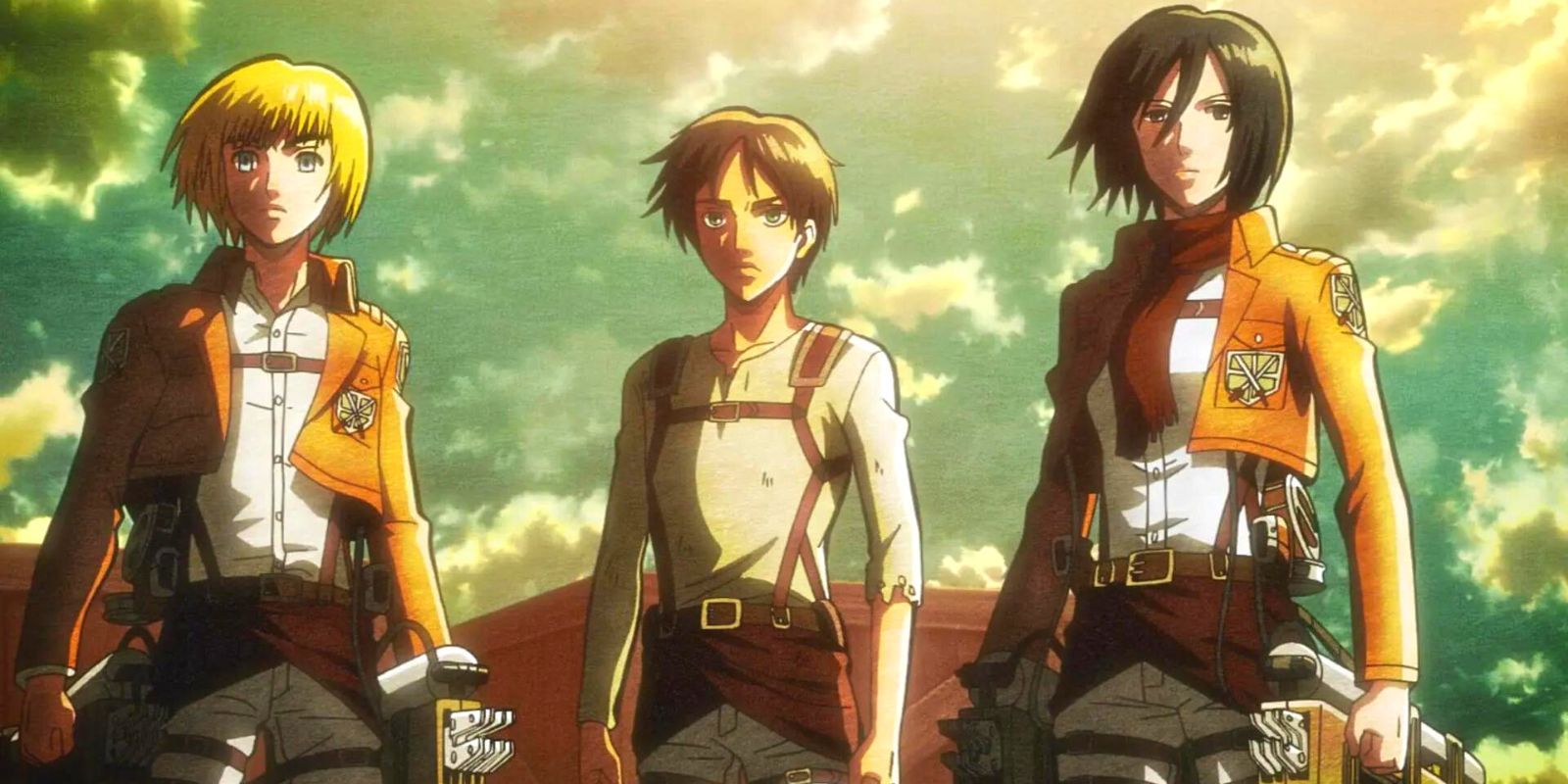 Ataque os heróis Titãs Eren, Armin e Mikasa olhando para o horizonte.