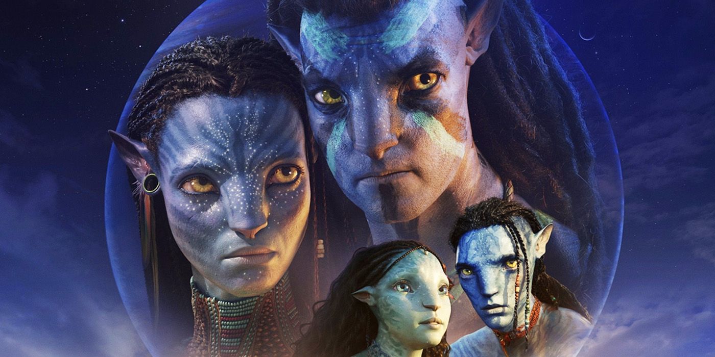 Avatar: The Way of Water poster featuring Neytiri, Jake and their two children against a watery backdrop.
