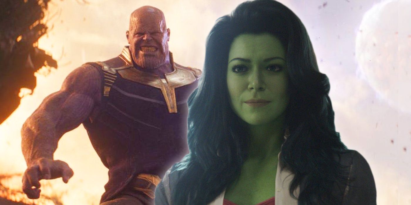 She-Hulk depicted in front of Thanos from Avengers: Infinity War Thanos.