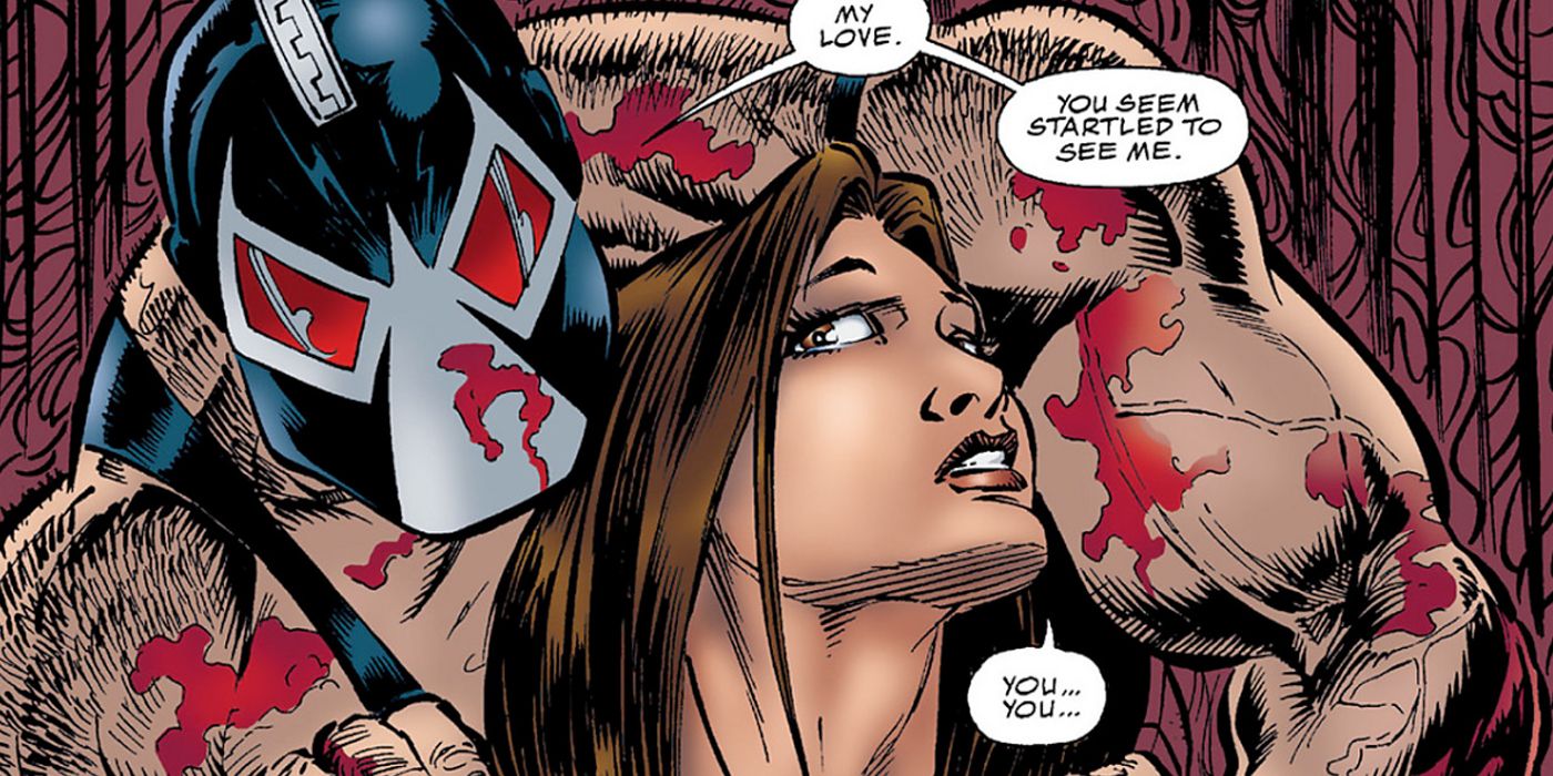 Bane threatening Talia al Ghul while covered in blood