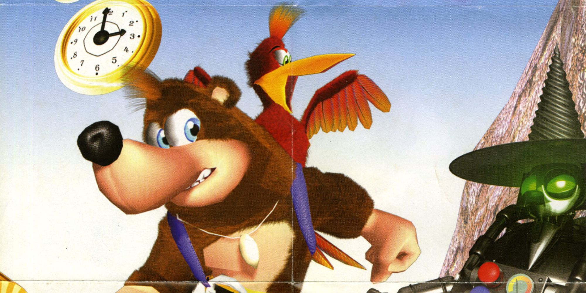 Banjo and Kazooie flee from a robot Gruntilda.