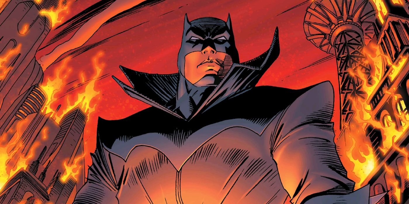 Damian Wayne as Batman standing above a burning Gotham in DC Comics' Batman #666