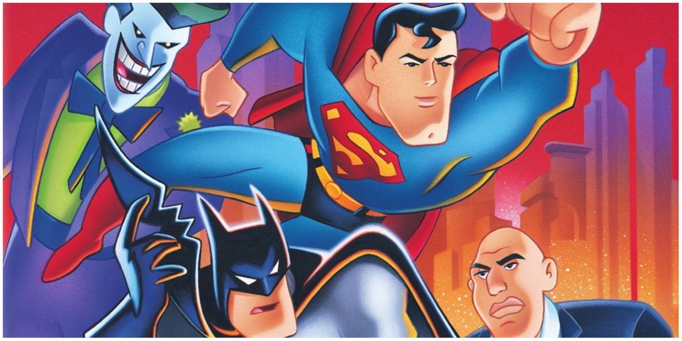 Batman Superman Lex Luthor and the Joker posing together in the DCAU
