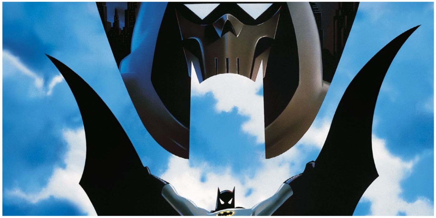 Batman with his wings spread underneath the mask of the phantasm in Mask of the Phantasm