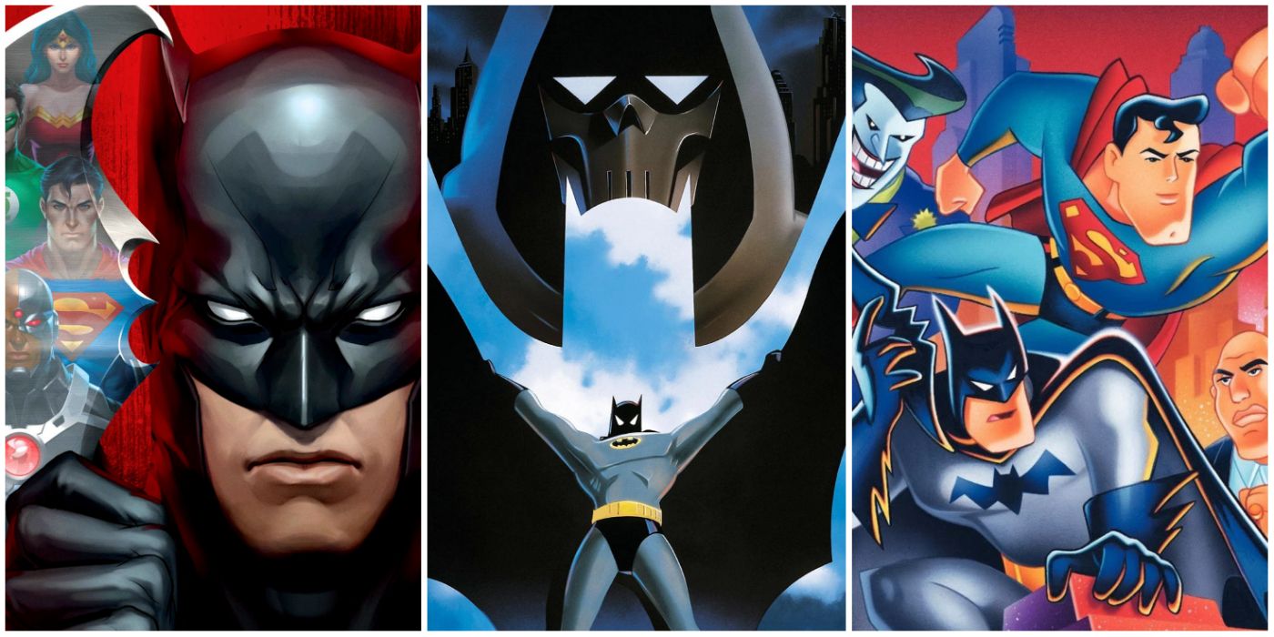 Batman with the Justice League in his batarang reflection, batman with his cape spread underneath the mask of the phantasm, and Batman Superman Joker and Lex Luthor standing together in side by side images