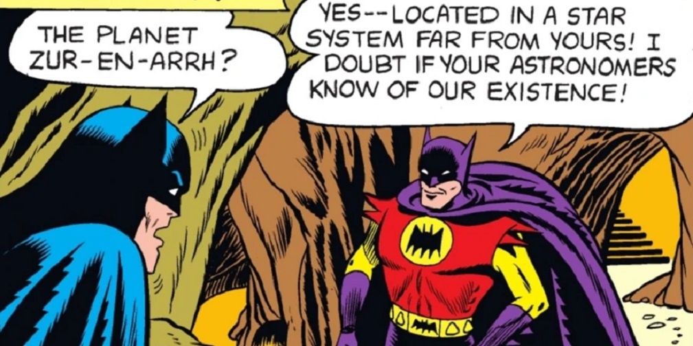 Batman confronts his namesake on the distant world of Zur-En-Arrh in DC Comics