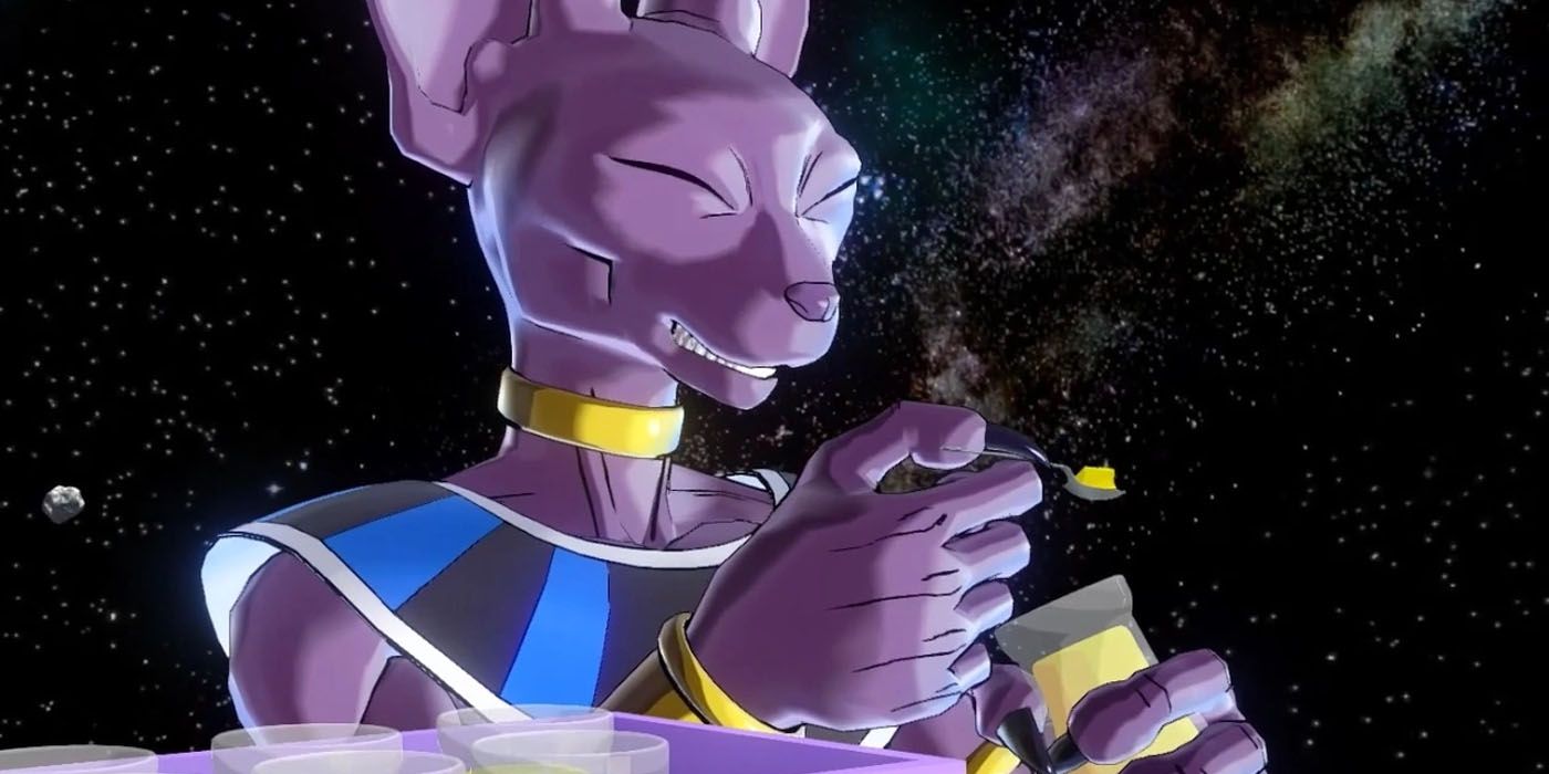 Beerus holds a small spoon with a mysterious powder on top as he smiles