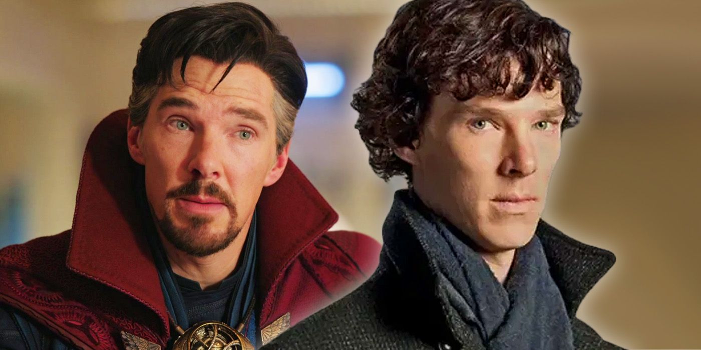 Benedict Cumberbatch as Sherlock Holmes on Sherlock, positioned in front of Doctor Strange from Multiverse of Madness.