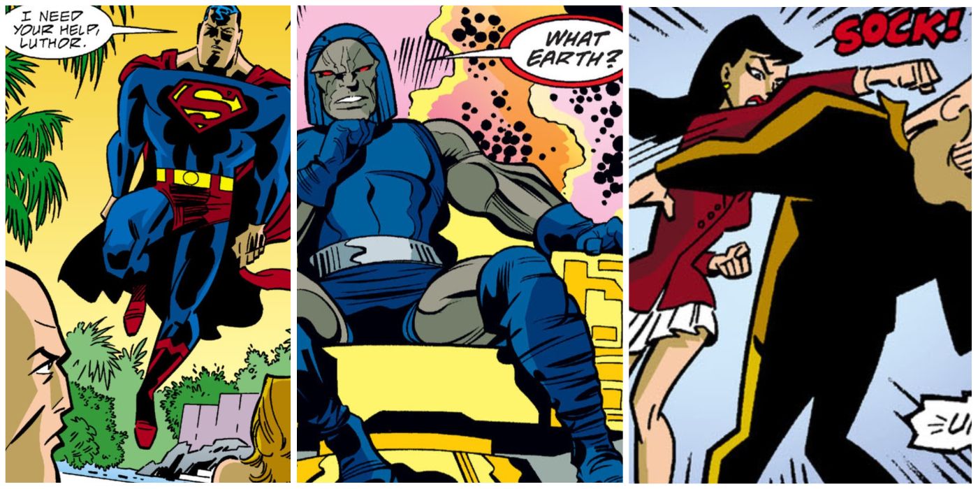 A split image of Superman, Lex Luthor, Darkseid, and Lois Lane in DC Comics