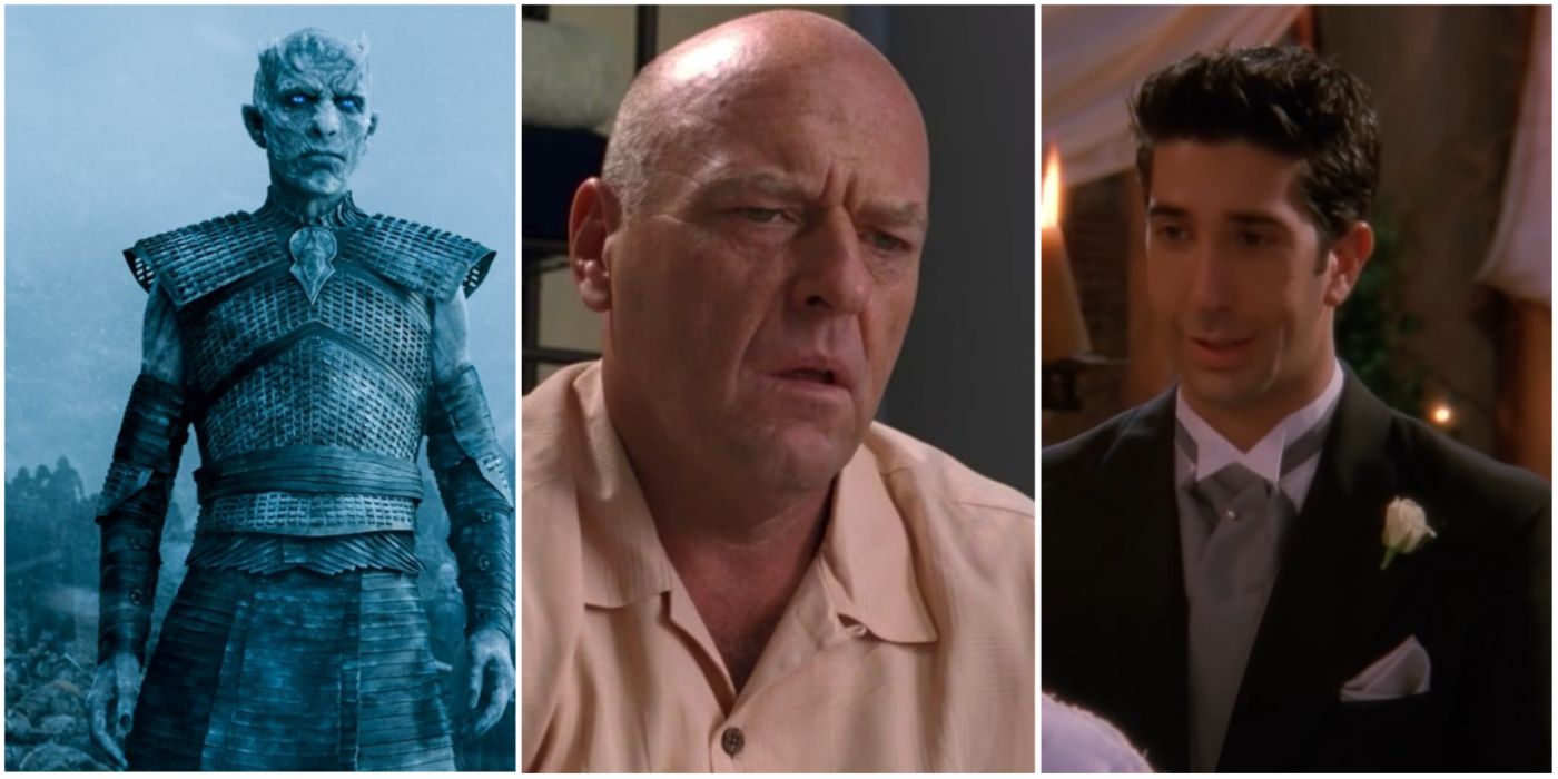 A split image showing the Night King from Game of Thrones, Hank Schrader from Breaking Bad, and Ross Geller from Friends