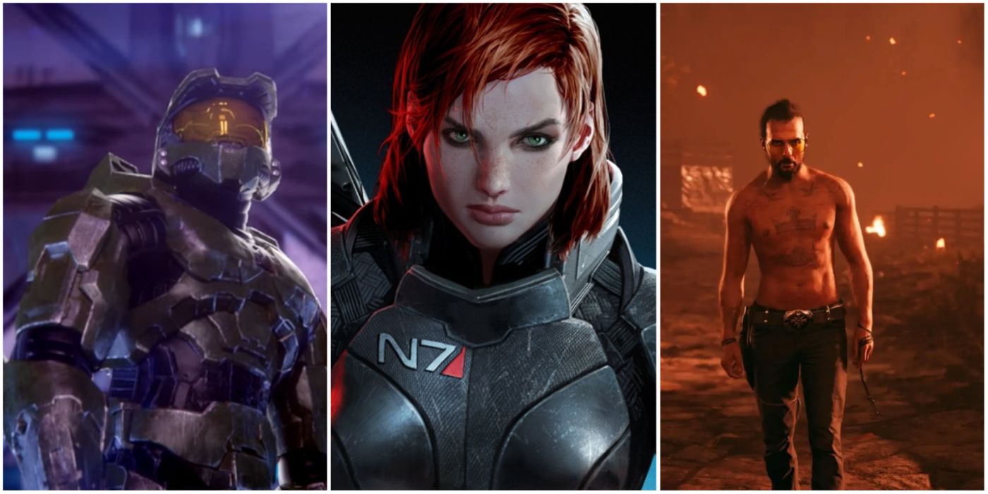 A split image showing Master Chief in Halo 2, Commander Shepard in Mass Effect 3, and Joseph Seed in Far Cry 5