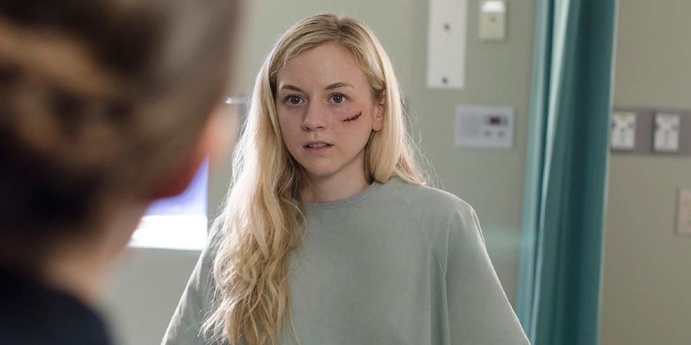 Beth Greene has a cut on her cheek and makes a shocked expression in The Walking Dead