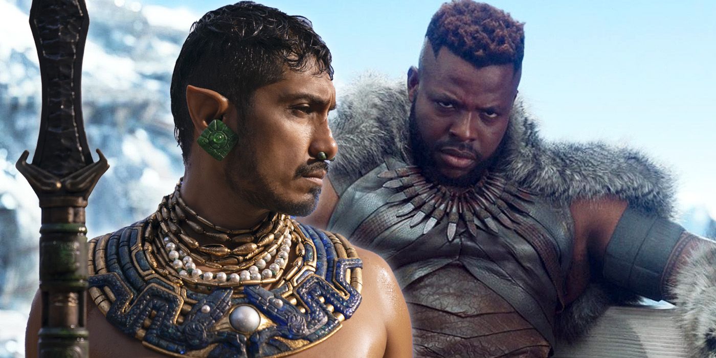 Black Panther: Wakanda Forever: Namor in front of as seated M'Baku.