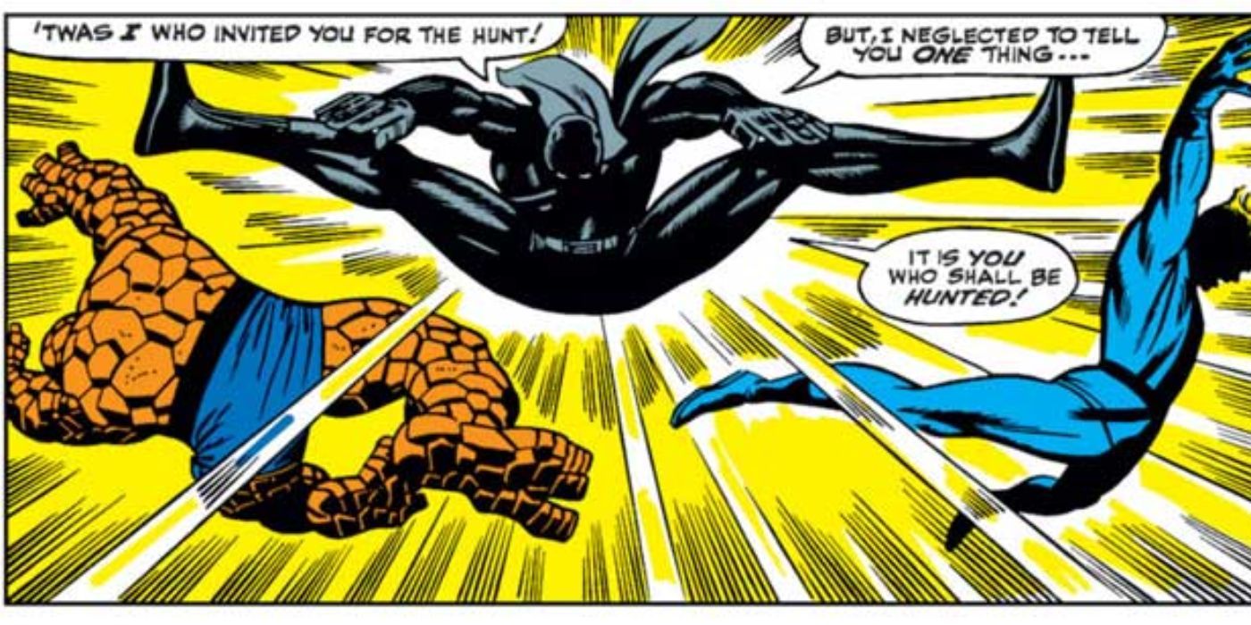 Black Panther takes out the Thing and the Human Torch with a kick in Fantastic Four #52