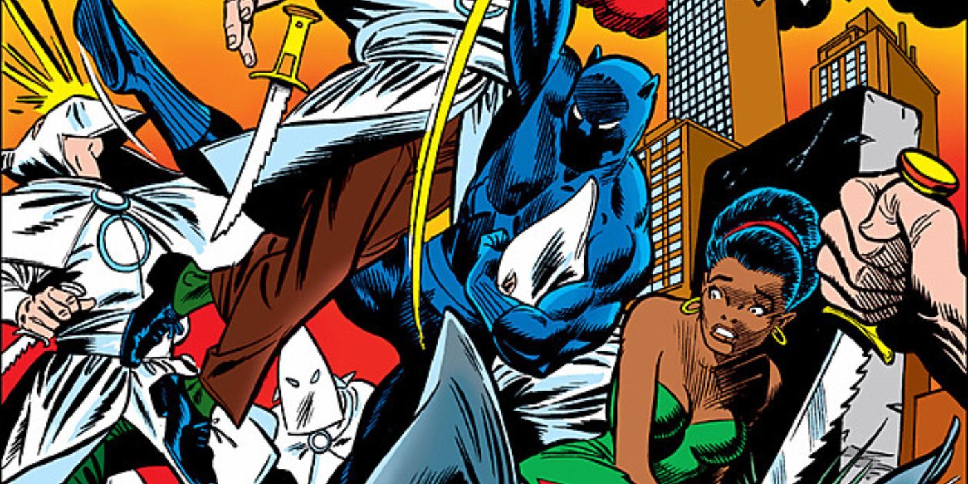 Black Panther battles the Klan in a cityscape