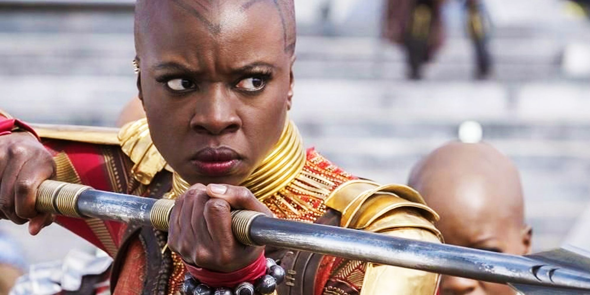 Okoye readies her spear in the MCU's Black Panther