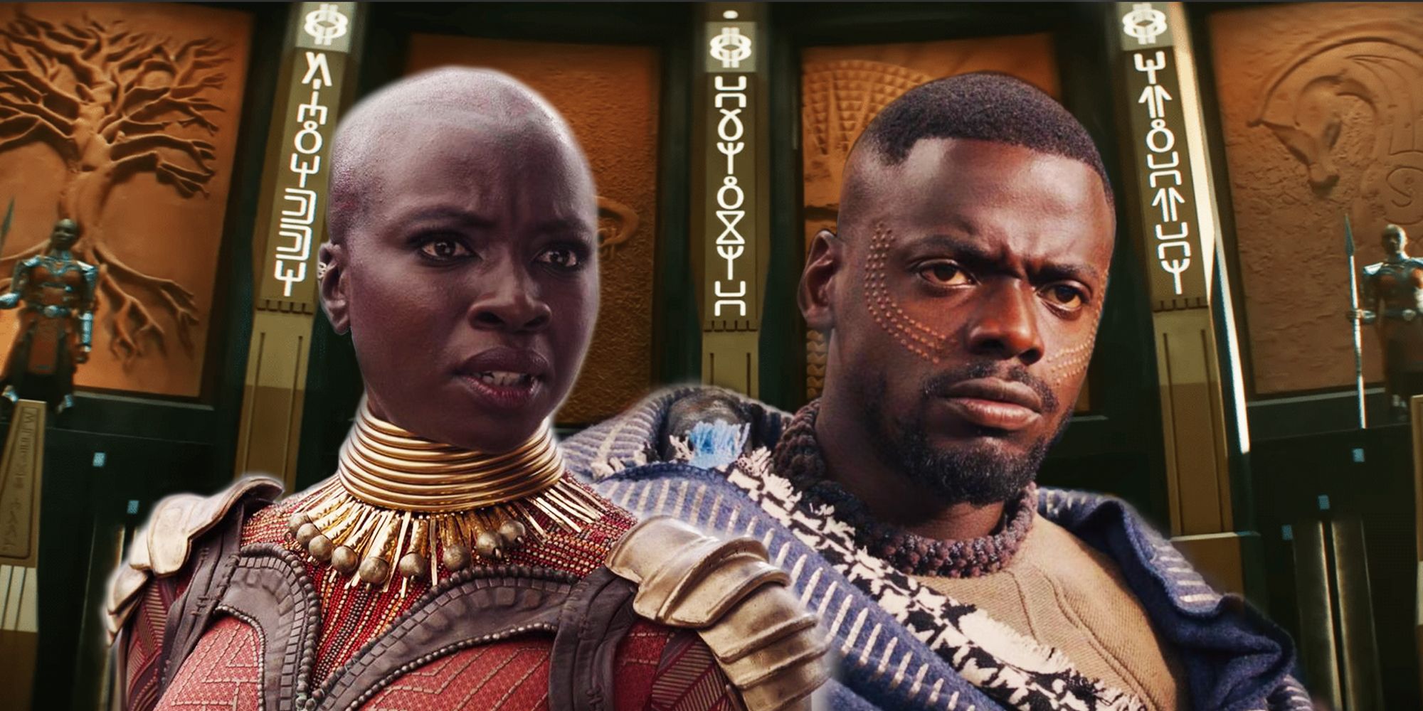 Okoye and W'kabi in Black Panther Wakanda Forever throne room in front of the Dora Milaje