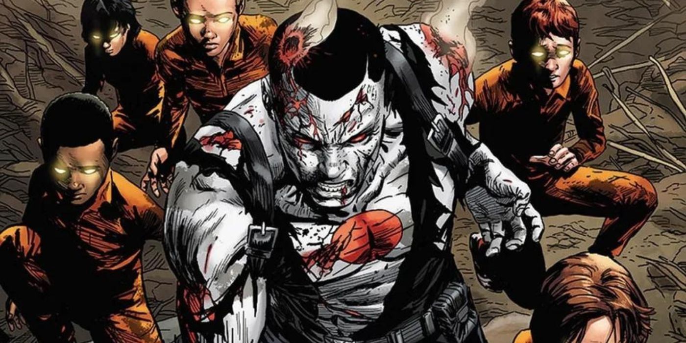 Bloodshot surronded by kids in Valiant Comics.