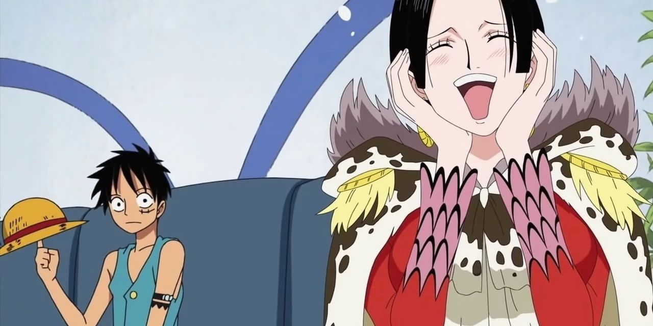 Boa Hancock being bashful around Luffy in the One Piece anime