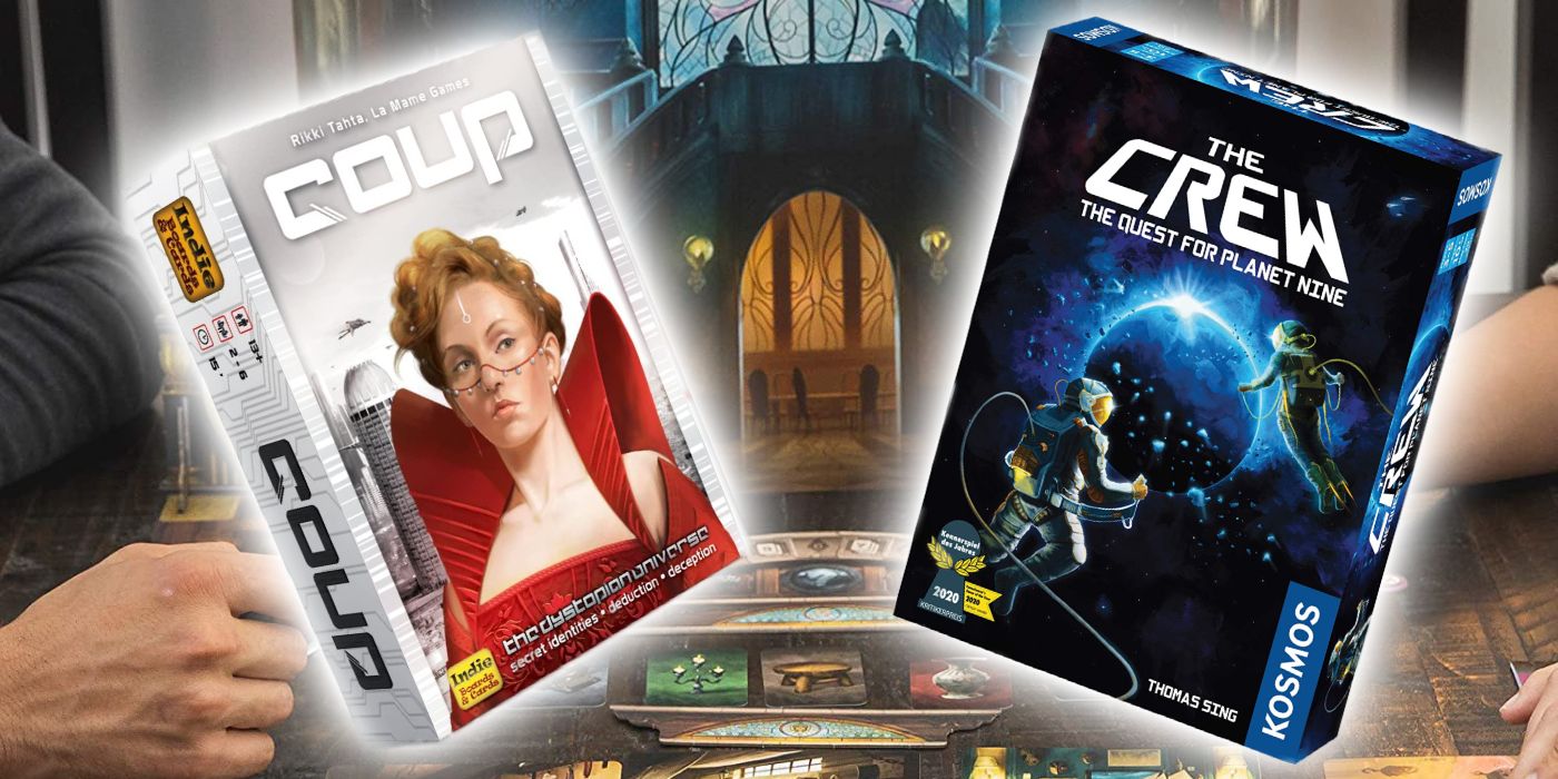 Two board game boxes: Coup and The Crew